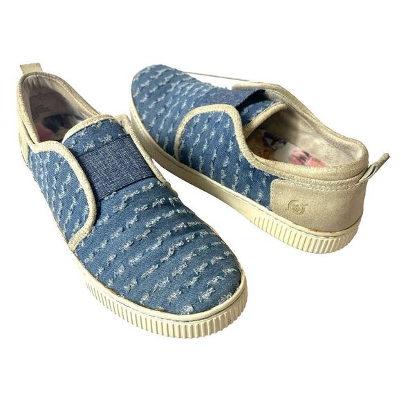 Born Shoes - Born Flats Womens Size 7.5M Blue Tan Canvas/Leather Comfort Casual Slip On Shoes
